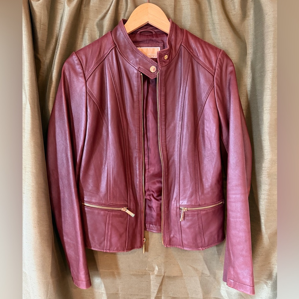 Michael Kors Burgundy Genuine Leather Zip-Front Jacket